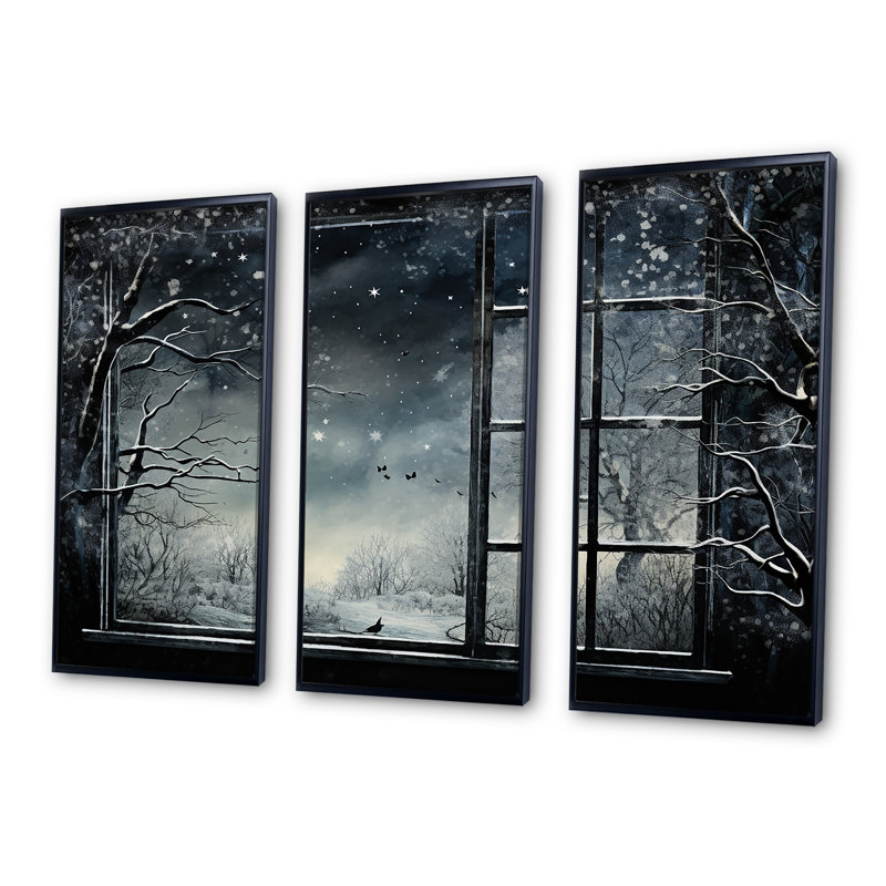 «Midnight Gothic Winter Window View II - Winter Landscape», art mural, H 28 po x l 36 po x P 1 po, Cadre flottant noir