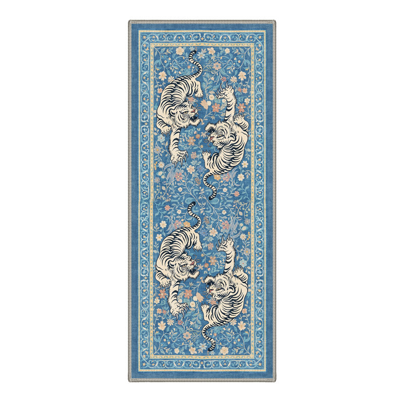 Teiarra Tigris Animal Print Machine Washable Blue / Beige Indoor Area Rug with Non-Slip Backing, Runner 2'6" x 8'