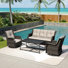 Ensemble de patio extérieur en osier 5 personnes avec canapé 3 places, chaises, table basse et coussin