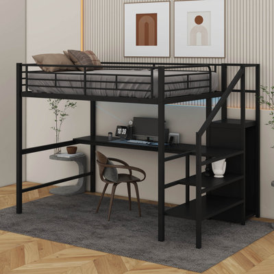 Lit mezzanine double en métal avec bureau, escalier de rangement et lumière DEL