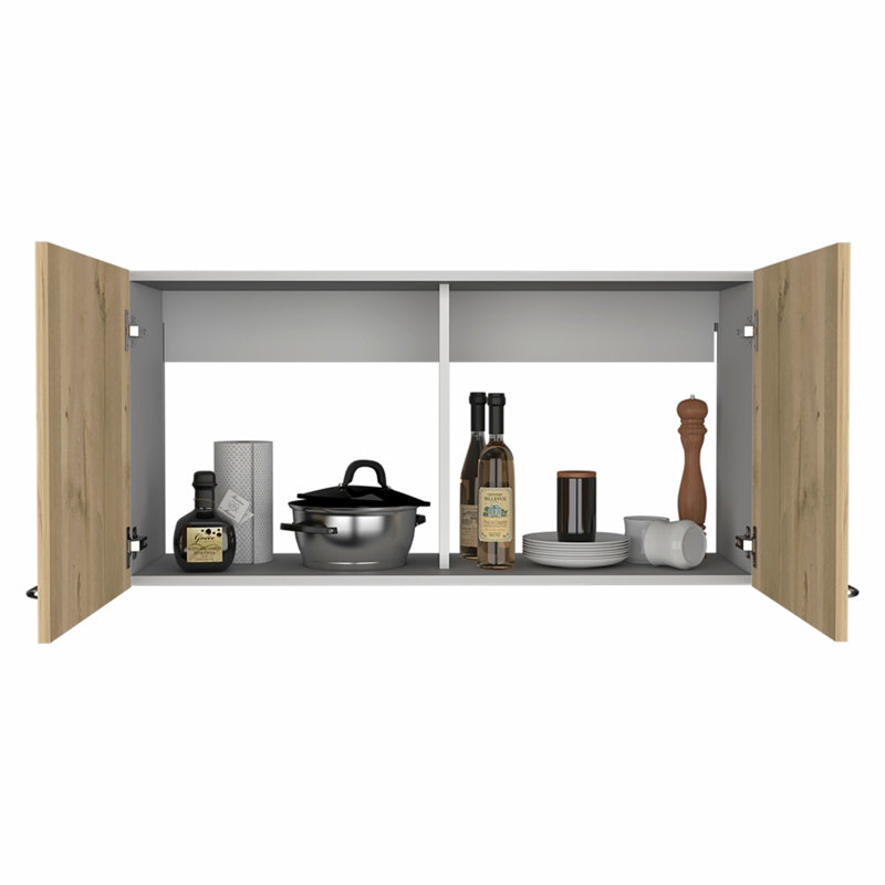 Armoire murale Toran, deux tablettes, porte double, finition blanc / chêne fumé, Multicolor
