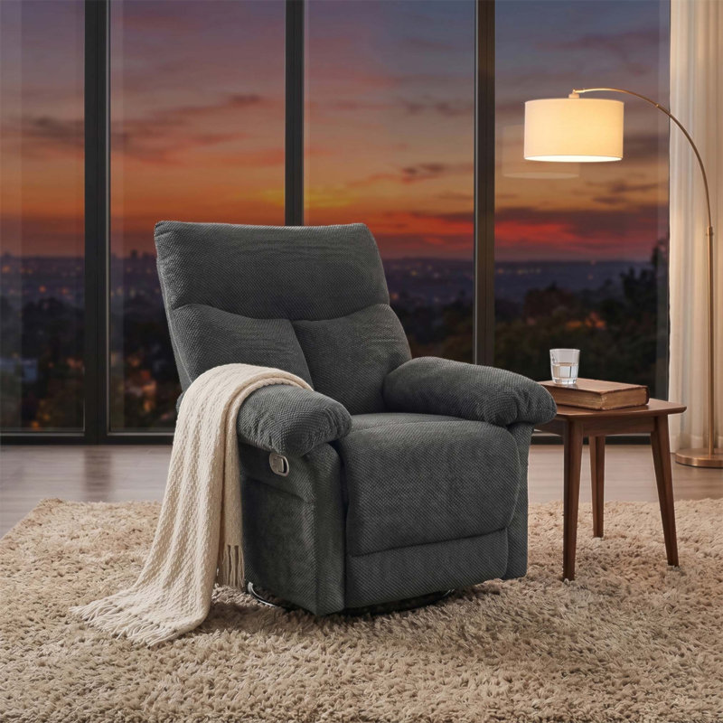 Fauteuil inclinable, pivotant, moderne et rembourré avec tissu texturé pour salon et chambre de bébé, Dark Grey Fabric