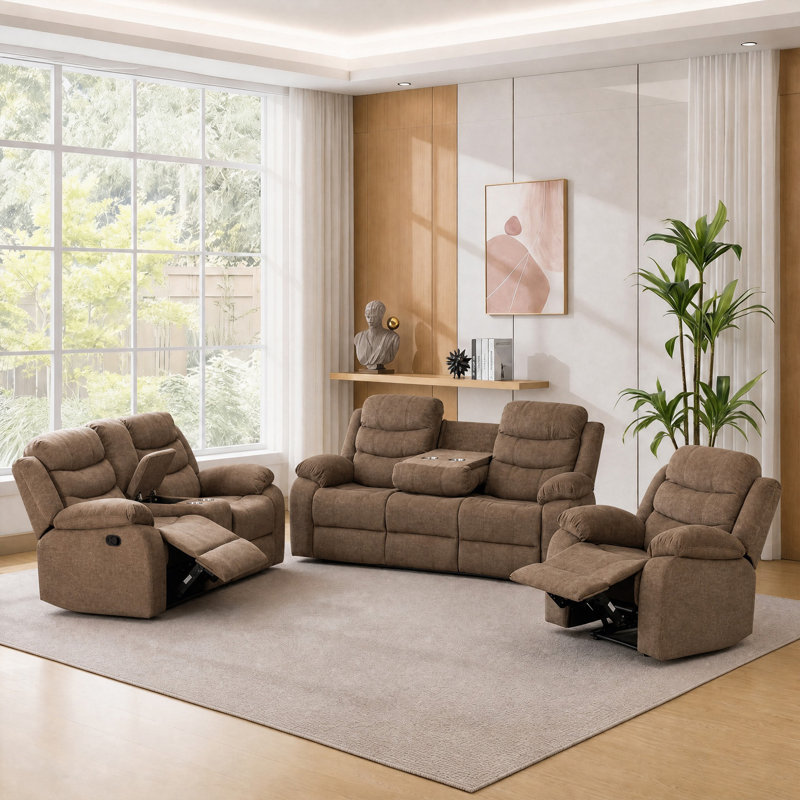 Ensemble 3 pièces de fauteuil inclinable en polyester: fauteuil inclinable manuel (causeuse / rangement) et canapé (porte-gobelets rabattables)