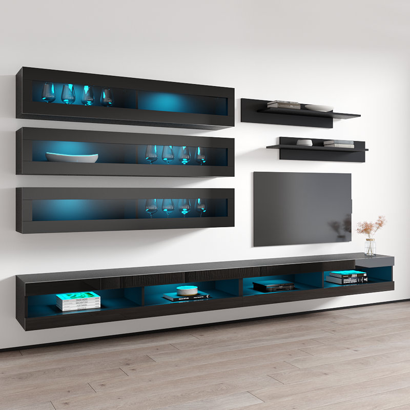 Catania 126" Modern Floating Wall Mounted Entertainment Center with 16-Color LED Lighting, High Gloss Finish, Black