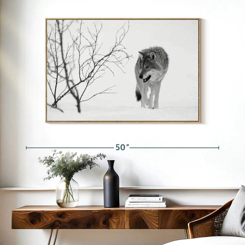 Chasse au loup d'hiver, Cadre flottant en bois naturel, 40 po x 27 po