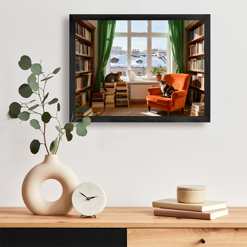 Reproduction d'art encadrée noire, "Les chats dans la bibliothèque ensoleillée", H 9 po x l 11 po
