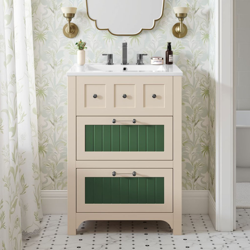 Meuble-lavabo autoportant de 24 po avec lavabo en céramique et 2 tiroirs, structure en bois massif