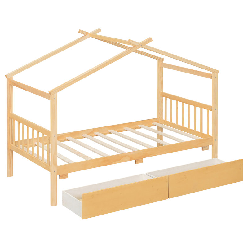 Lit simple en bois avec tiroirs, cadre, deux têtes de lit, idéal pour la chambre à coucher, Natural, Twin