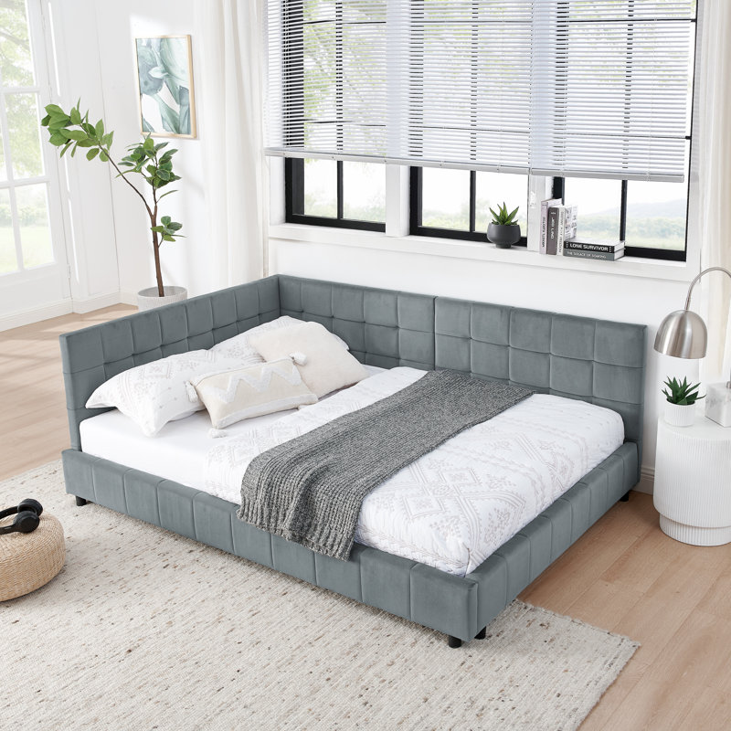 Velvet Upholstered Tufted Bed Frame | Sofa Bed with Plush Backrest & Armrests | Comfortable Multi-Functional Bed for Bedroom, Living Room & Small Apartments