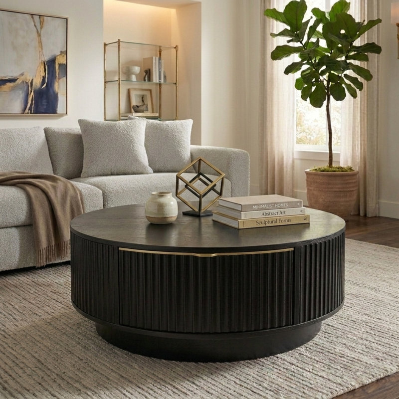 Table basse ronde avec rangement, table centrale cannelée, 2 tiroirs avec poignées dorées, maison de campagne moderne, salon