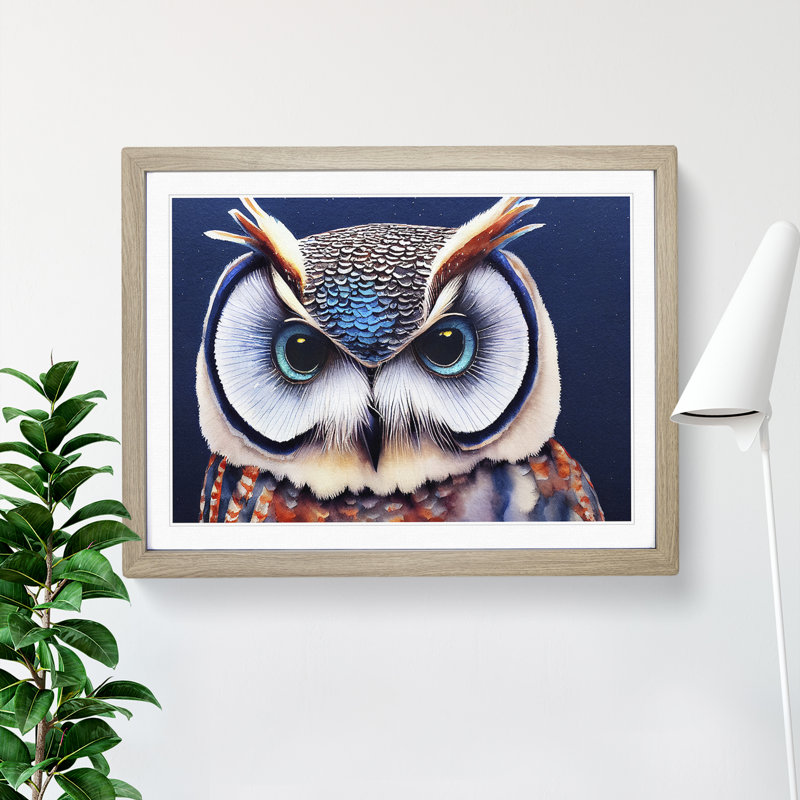 Watercolour Long Eared Owl - Single Picture Frame Print, 34cm H x 46cm W x 2cm D, Oak