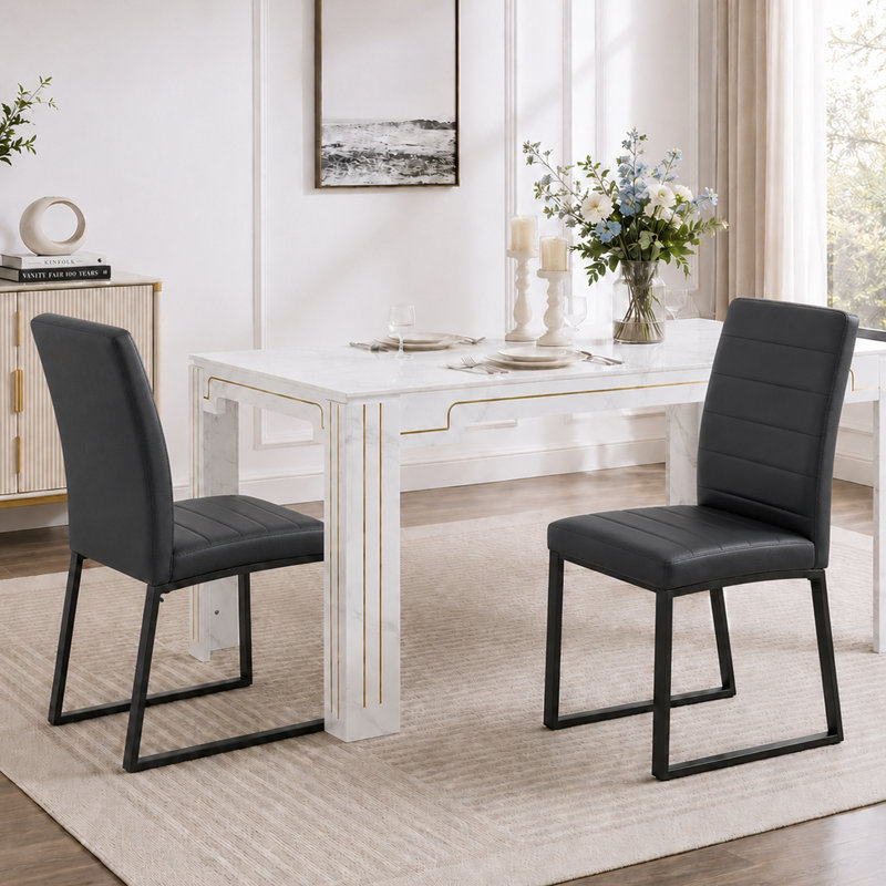 Ensemble de 2 chaises de salle à manger en polyuréthane, chaises de bureau avec pieds robustes en métal, noir