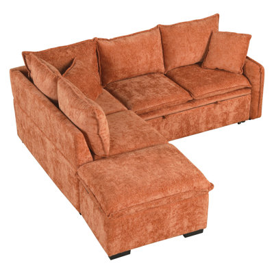 82.67"Convertible Sofa Bed Sectional Sofa Sleeper Lshaped Sofa With A Storage Ottoman,Two Pillows, Two Power Sockets And Two USB Ports For Living Room, Orange