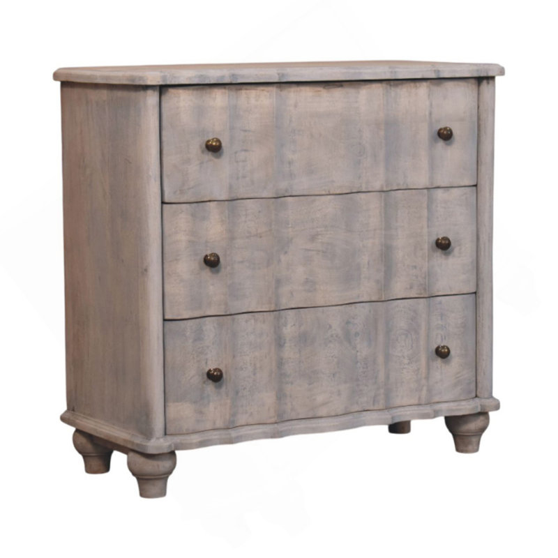 Commode courbée en bois massif, gris, 3 tiroirs