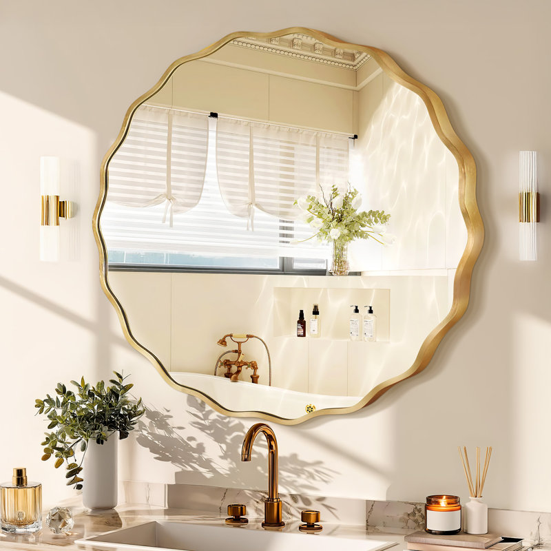 Round Wavy Aluminum Alloy Wall Mirror with Metal Frame, Modern Decorative Mirror for Living Room, Bedroom, or Entryway, Gold