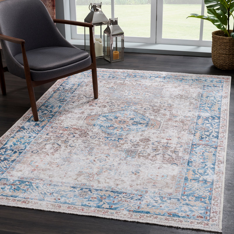 Tapis beige / bleu océan lavable antidérapant traditionnel , Rectangle 9 pi x 12 pi