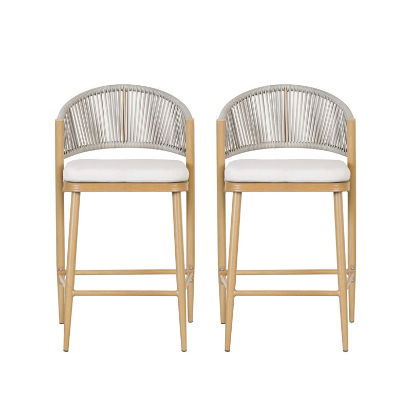 Maple Finish Aluminum and Rattan Outdoor Counter Stools with Cushions, Set of 2