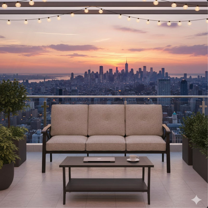 2 Piece Outdoor Patio Set, 70 Inches All-Weather Metal 3-Seat Metal Patio Sofa And Rectangular Coffee Table, Beige