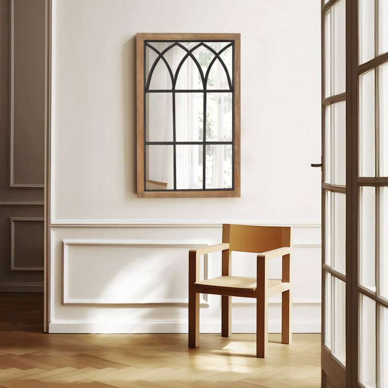 Arched Window Wall Mount Mirror, 37.5"h X 24"w, Brown