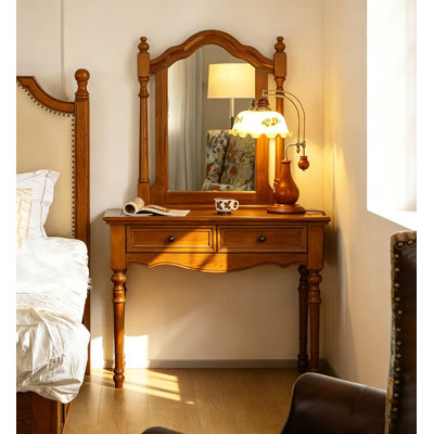 Solid Ash Wood Vintage Vanity Table With Mirror And Two Drawers