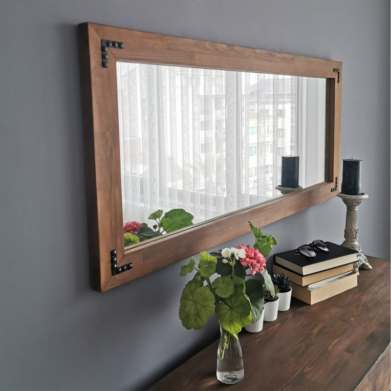 Miroir mural rustique en noyer de 43,3 po x 19,7 po x 1,2 po | 100% bois de pin massif, conception assemblée | Parfait pour le vestibule, le salon et la chambre à coucher, décoration intérieure élégante et durable