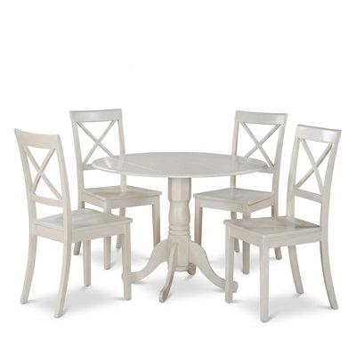Ensemble de salle à manger 5 pièces rond en bois massif blanc lin asiatique avec pied central à rallonges.