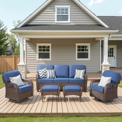 Ensemble de meubles de patio 5 pièces, chaises pivotantes, chaises berçantes pivotantes en osier et rotin 3 places avec repose-pieds, mobilier d'extérieur pour véranda de terrasse