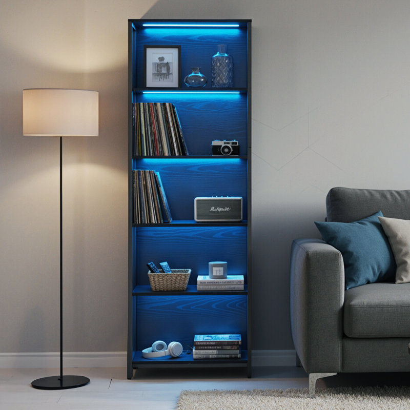 Bibliothèque à cadre en métal Lamirra avec éclairage DEL à intensité variable, (5 tablettes) H 70 po x l 24 po x P 12 po