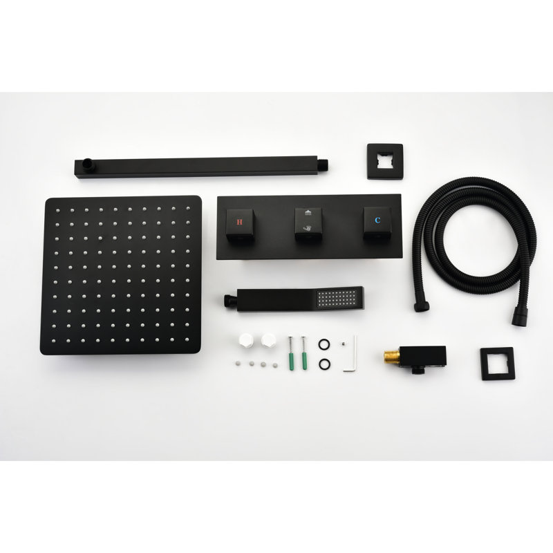 Composant de douche de luxe noir mat - tête de pluie de 10 po et poche, mélangeur de pluie pour la salle de bain, buse autonettoyante, laiton, fixation murale