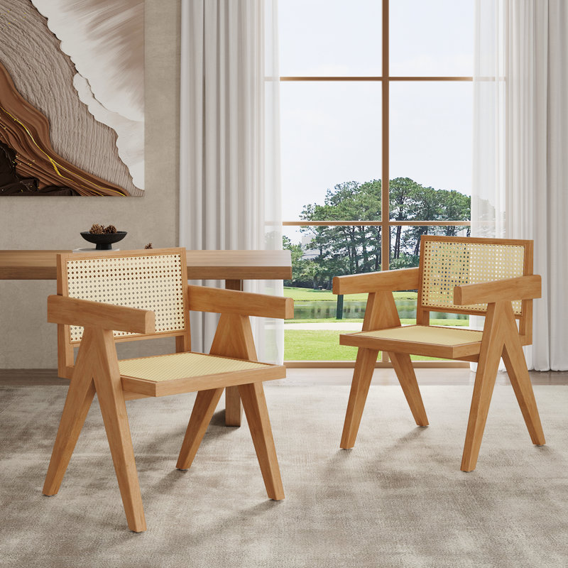 Chaises de salle à manger en rotin Chetanna avec structure en bois d'hévéa, Noir