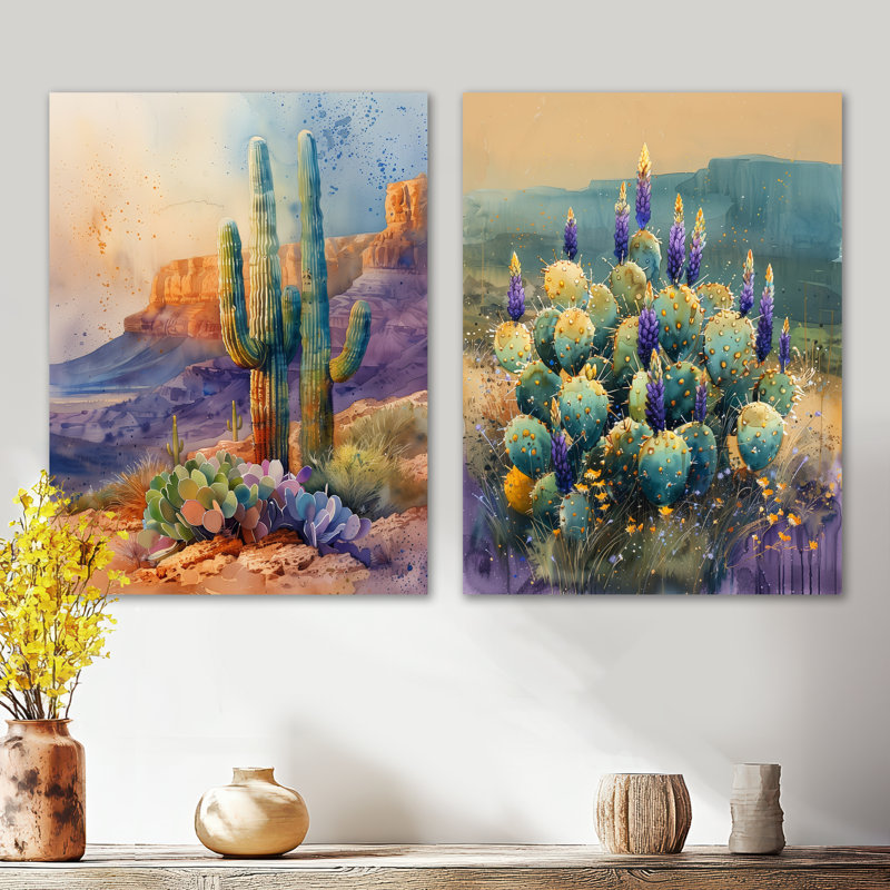 Vert, mauve, désert, cactus, merveille I - botanique, 2 pièces d'art mural en métal, 32" H x 48" W
