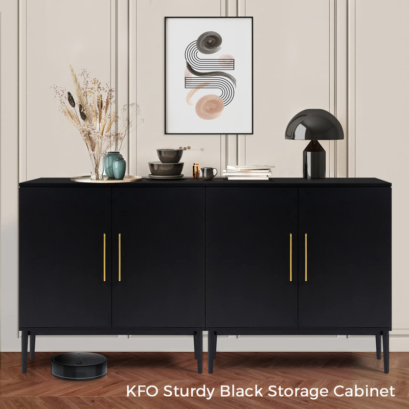 Black Modern Storage Cabinet with Metal Base and Doors