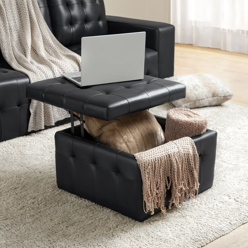 Brezlynn 24" Wide Genuine Leather Tufted Standard Ottoman with Storage, Black Genuine Leather