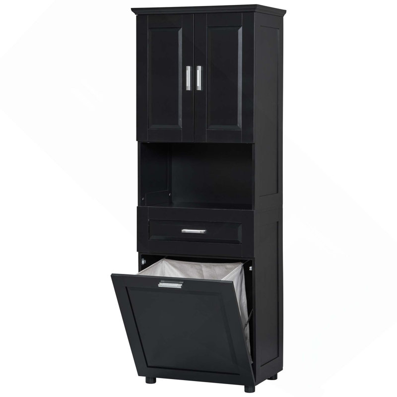 Tall Bathroom Cabinet With Laundry Basket, Large Tilt-Out Laundry Hamper And Upper Storage Cabinet, Black