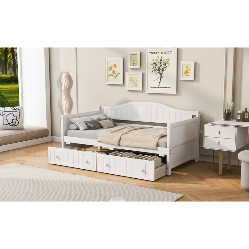 Lit de jour simple en bois avec 2 tiroirs, canapé-lit pour le salon de la chambre à coucher, aucun sommier tapissier requis, blanc