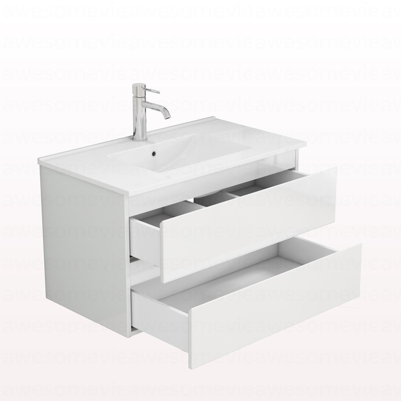 Meuble-lavabo de 31,5 po avec lavabo combiné, armoire avec 2 grands tiroirs, système de fermeture en douceur, 2 grands tiroirs, conception sans poignée, assemblage facile, blanc brillant