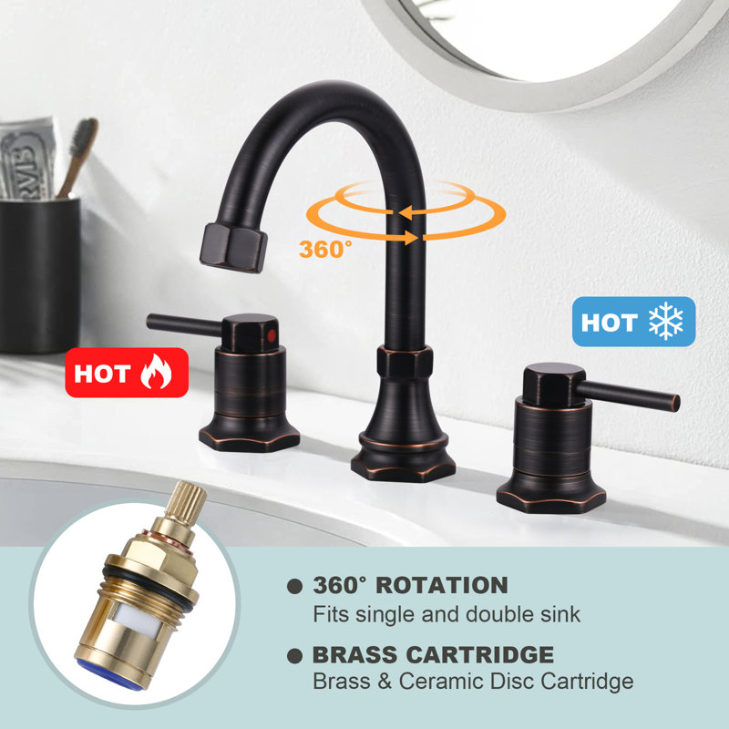 8 In. Widespread Double Handle High Arc Bathroom Faucet With Drain Kit Included In Oil Rubbed Bronze, Oil Rubbed Bronze