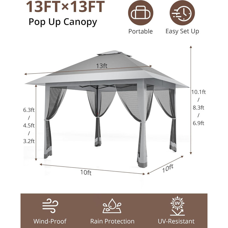 13x13FT Pop-Up Gazebo, with Mosquito Net & Double Roof,Adjustable Height UV-Resistant Outdoor Shelter for Patio, Backyard, Garden, and Camping