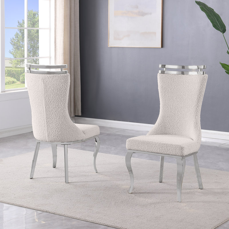 Boucle Dining Chairs With Polished Chrome Frame, Cream, Silver