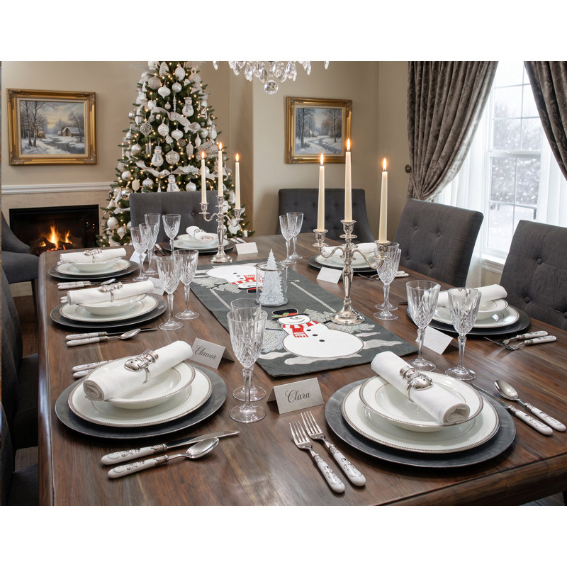Chemin de table gris anthracite avec bonhommes de neige et sapins de Noël, 14 po x 34 po, 14 x 34