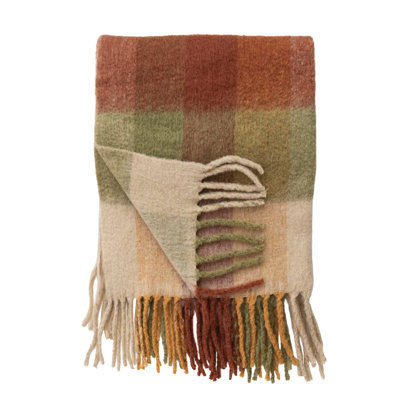 Brushed Plaid Fringe Throw, Multicolor Polyester