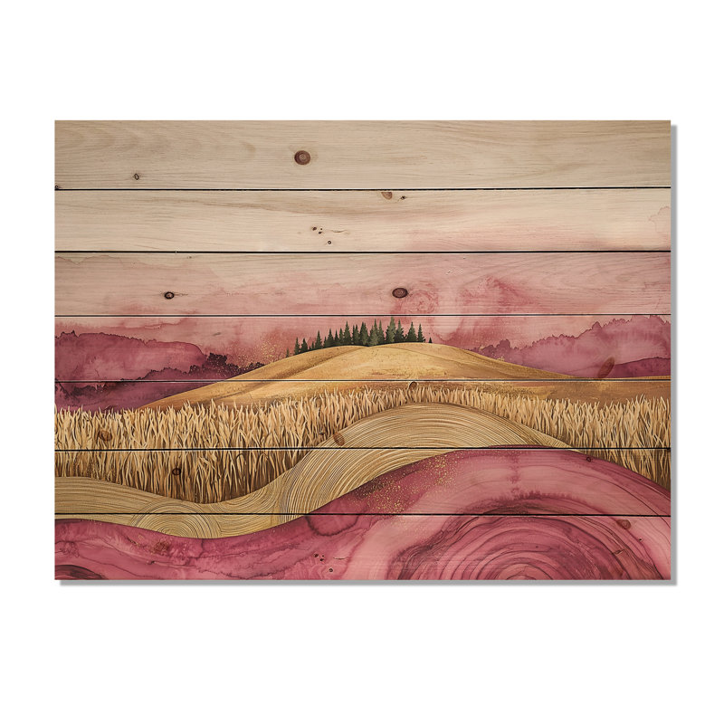 Farm Charm Meadow With Lavender Ink Field I - Farm Wood Wall Decor - On Natural Pine Wood, 10" H x 20" W