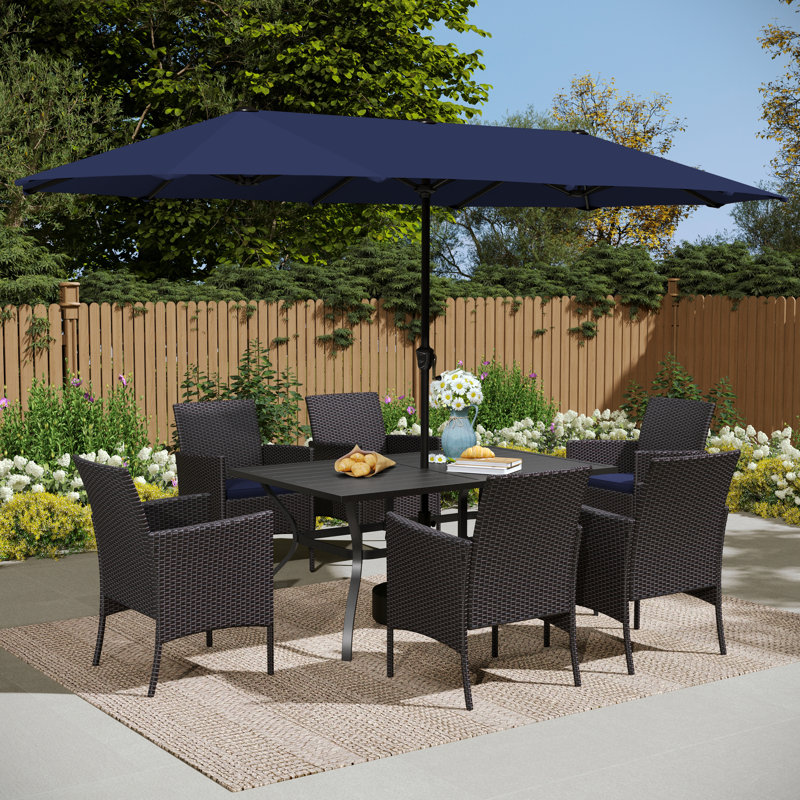 8-Piece Metal Steel Outdoor Rattan Wicker Dining Set With Umbrella, Navy Blue Cushions, Rectangular Dining Table, Navy