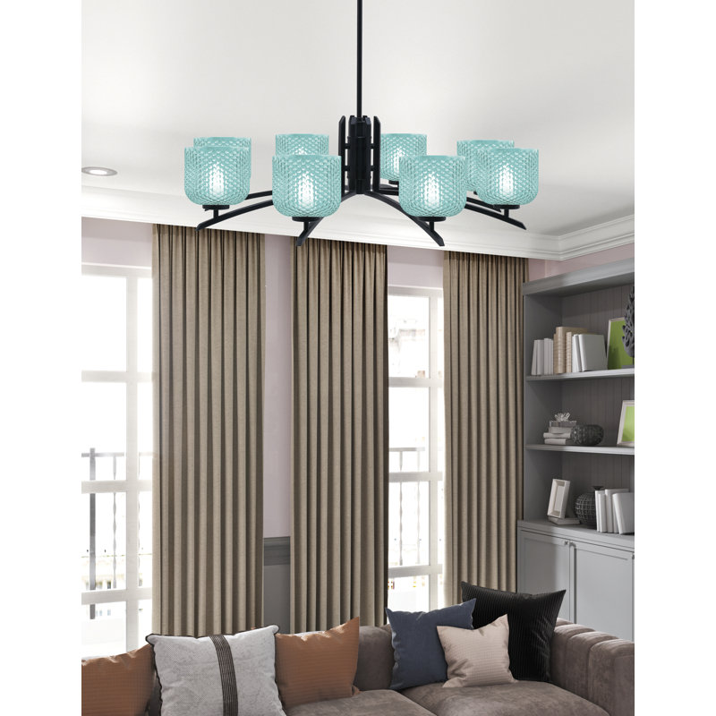 Lustre 8 lumières kurve au fini noir mat avec verre texturé de 6 po, Sarcelle