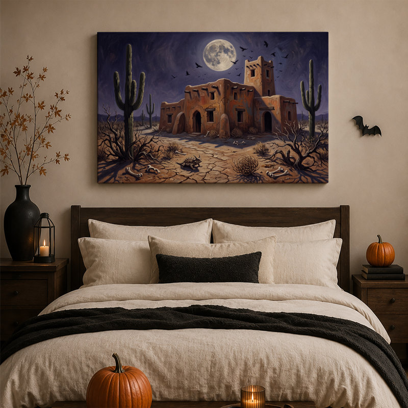 "Adobe" sous la pleine lune avec des cactus de Saguaro, art mural d'Halloween, 28"H x 40"W