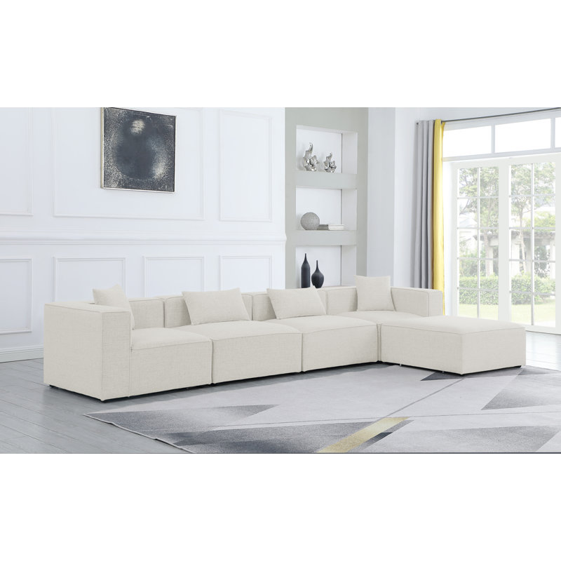 Cube Upholstered L-Shaped Sectional Reversible, Cream Linen Textured Fabric