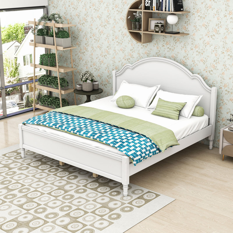Lit plateforme en bois avec tête de lit et lattes, White, King