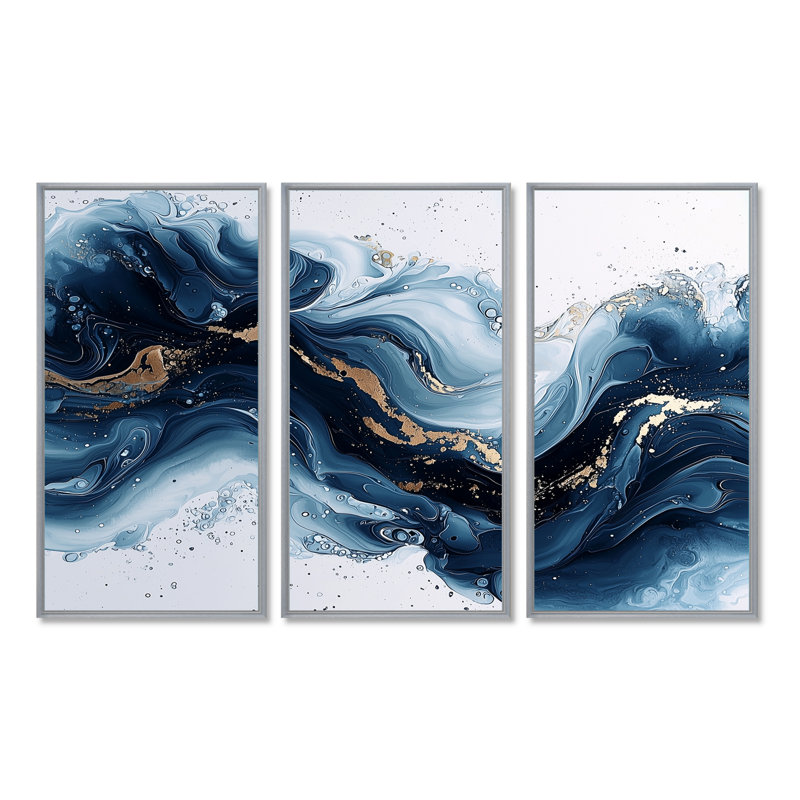 Or et bleu céleste fluidité II - art mural encre liquide - 3 panneaux, H 28 po x l 36 po, Argent argent