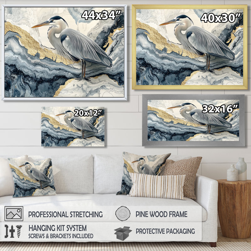 Harbert en marbre héron dans l'encre de Chine dorée paysage II - héron, art mural, 12" H x 20" W, Doré