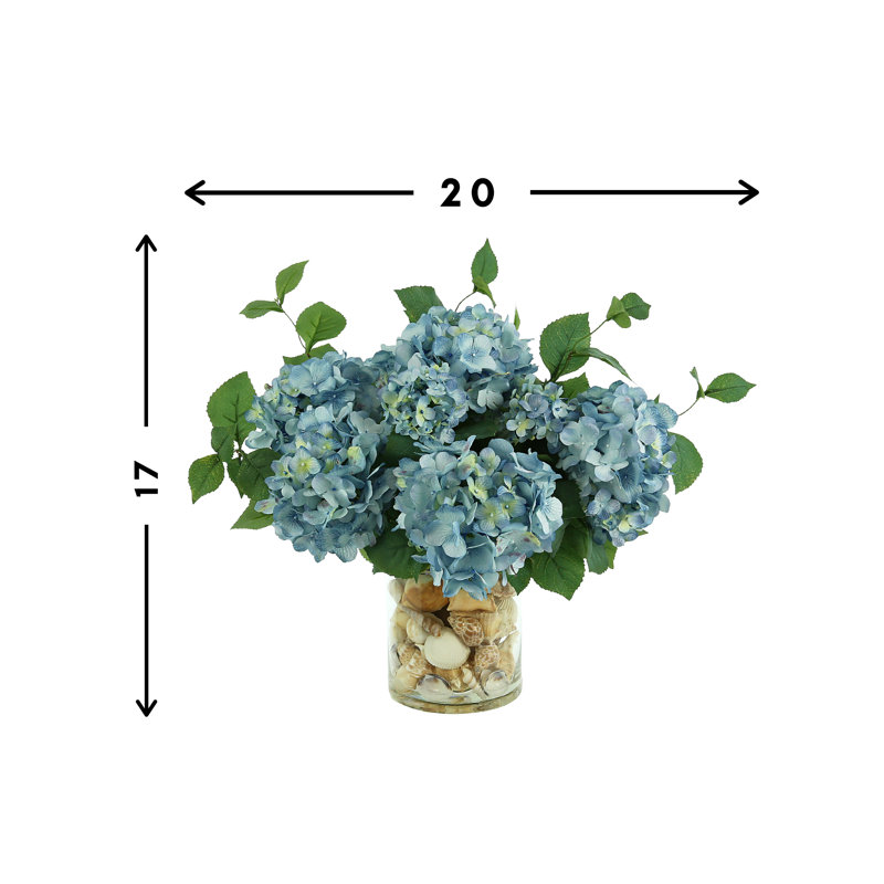 Hydrangeas Arranged in Glass Vase with Shells, Blue/Beige